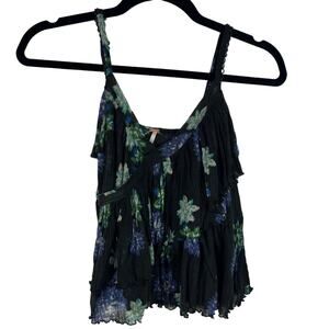 Free People Black Floral Pleated Tank Top